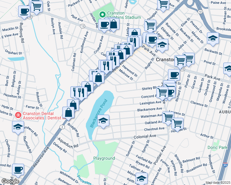 map of restaurants, bars, coffee shops, grocery stores, and more near 150 Shirley Boulevard in Cranston