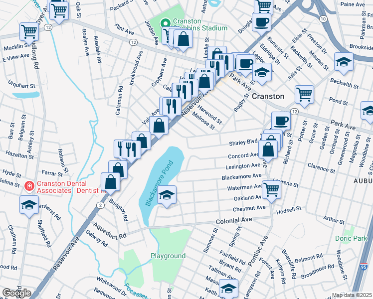 map of restaurants, bars, coffee shops, grocery stores, and more near 150 Shirley Boulevard in Cranston