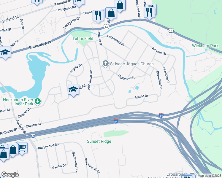 map of restaurants, bars, coffee shops, grocery stores, and more near 222 Woodlawn Circle in East Hartford