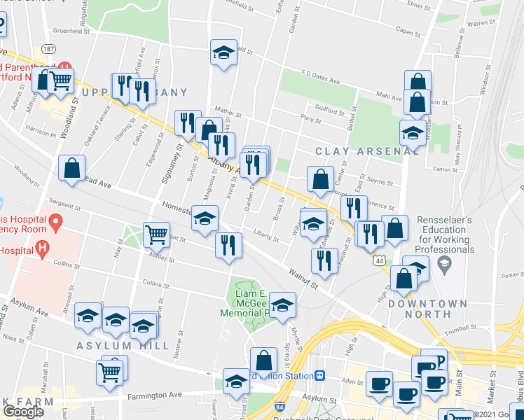map of restaurants, bars, coffee shops, grocery stores, and more near 29 Bedford Street in Hartford