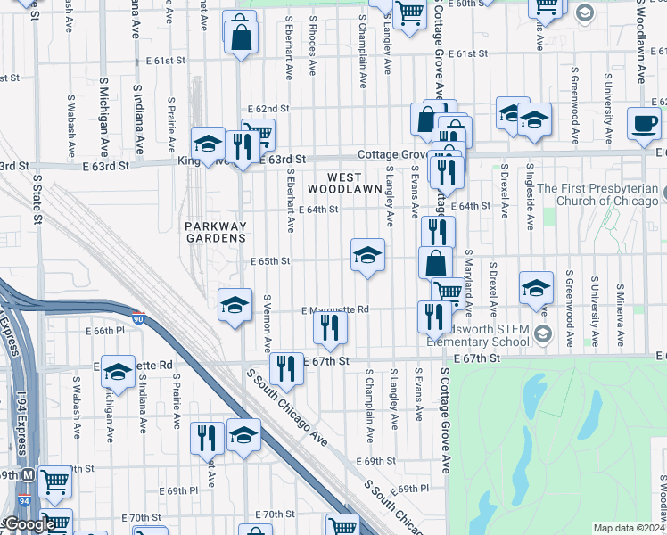 map of restaurants, bars, coffee shops, grocery stores, and more near 6503 South Saint Lawrence Avenue in Chicago