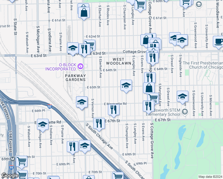map of restaurants, bars, coffee shops, grocery stores, and more near 6502 South Rhodes Avenue in Chicago