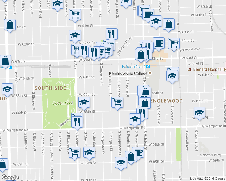 map of restaurants, bars, coffee shops, grocery stores, and more near 6447 South Morgan Street in Chicago