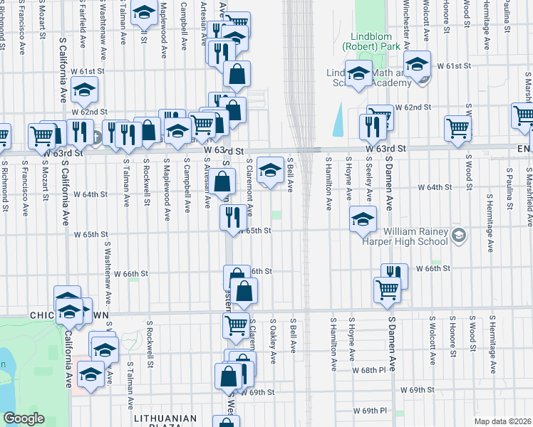 map of restaurants, bars, coffee shops, grocery stores, and more near 6426 South Oakley Avenue in Chicago