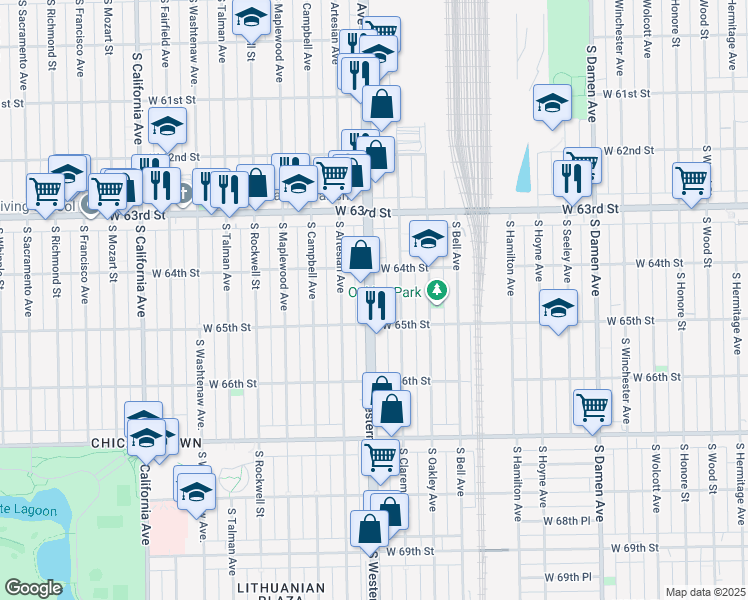 map of restaurants, bars, coffee shops, grocery stores, and more near 6434 South Western Avenue in Chicago