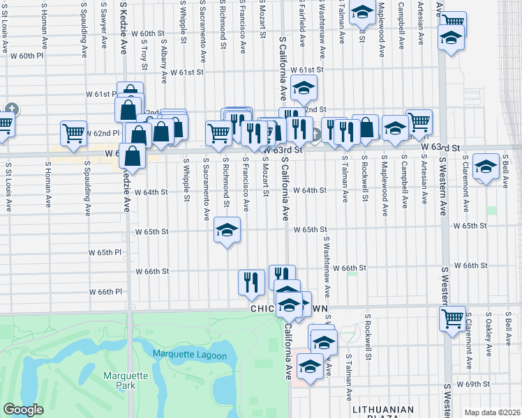 map of restaurants, bars, coffee shops, grocery stores, and more near 6425 South Mozart Street in Chicago