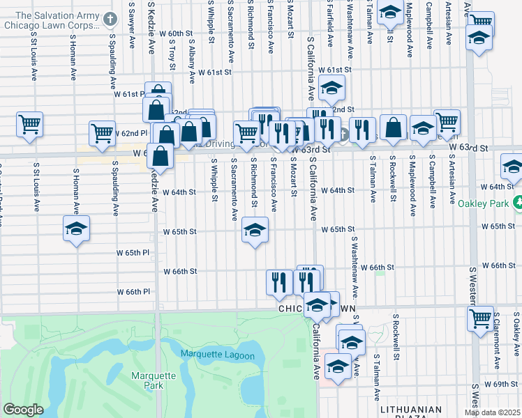 map of restaurants, bars, coffee shops, grocery stores, and more near 6422 South Francisco Avenue in Chicago