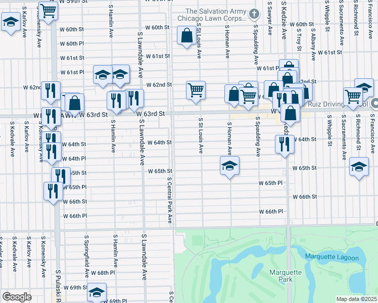 map of restaurants, bars, coffee shops, grocery stores, and more near 3512 West 64th Place in Chicago