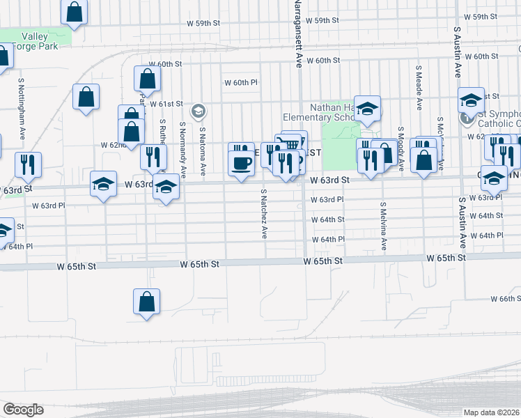 map of restaurants, bars, coffee shops, grocery stores, and more near 6519 West 63rd Place in Chicago