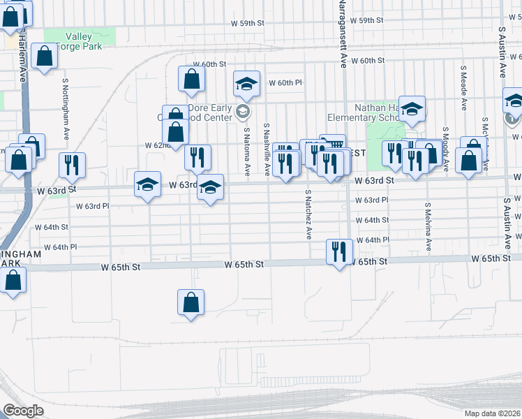 map of restaurants, bars, coffee shops, grocery stores, and more near 6359 South Nashville Avenue in Chicago