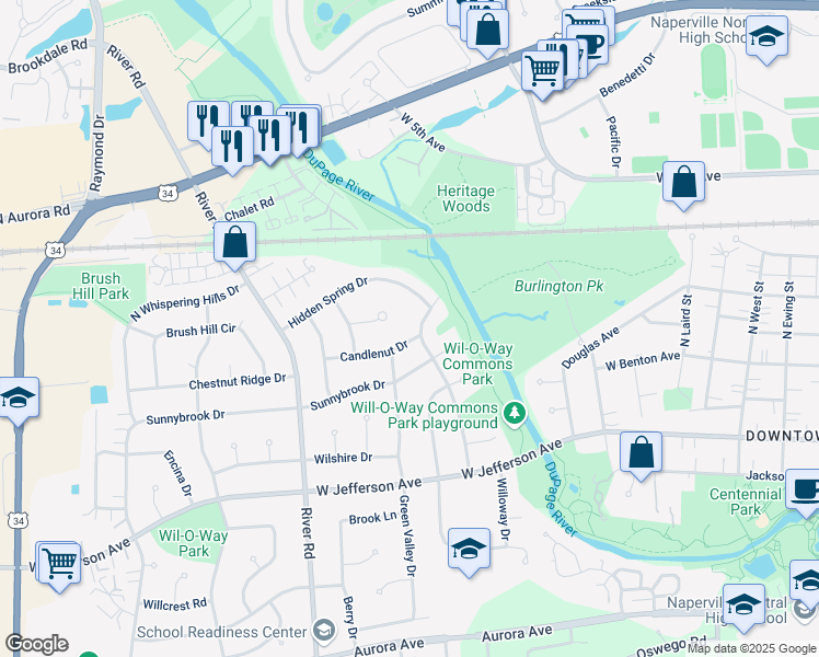 map of restaurants, bars, coffee shops, grocery stores, and more near 1116 Laureli Circle in Naperville