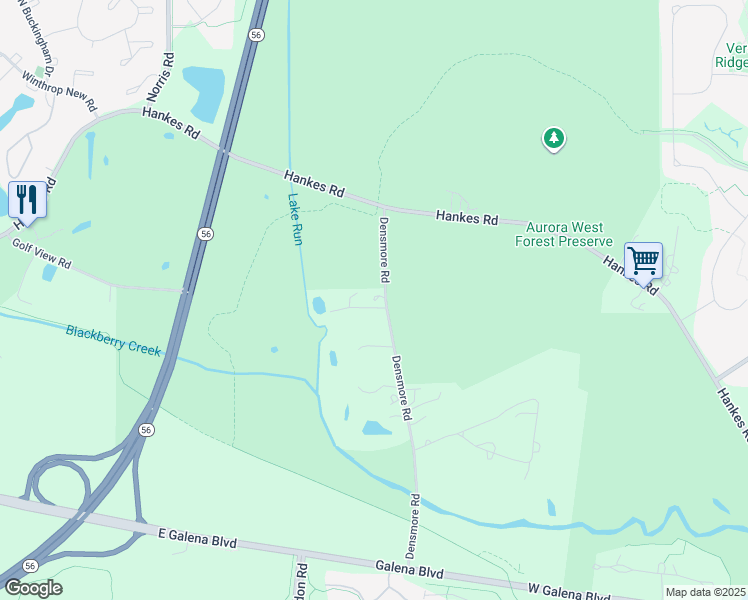 map of restaurants, bars, coffee shops, grocery stores, and more near 6S270 Densmore Road in Aurora