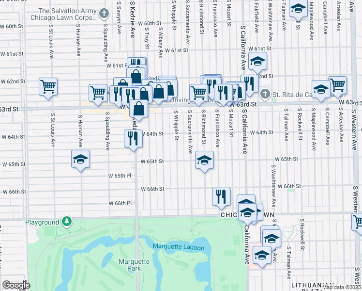 map of restaurants, bars, coffee shops, grocery stores, and more near 6425 South Whipple Street in Chicago