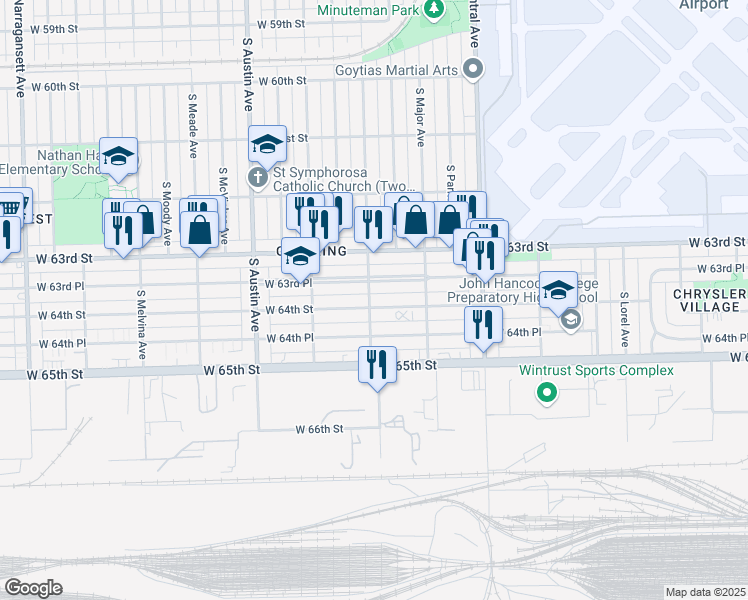 map of restaurants, bars, coffee shops, grocery stores, and more near 5758 W 64th St in Chicago