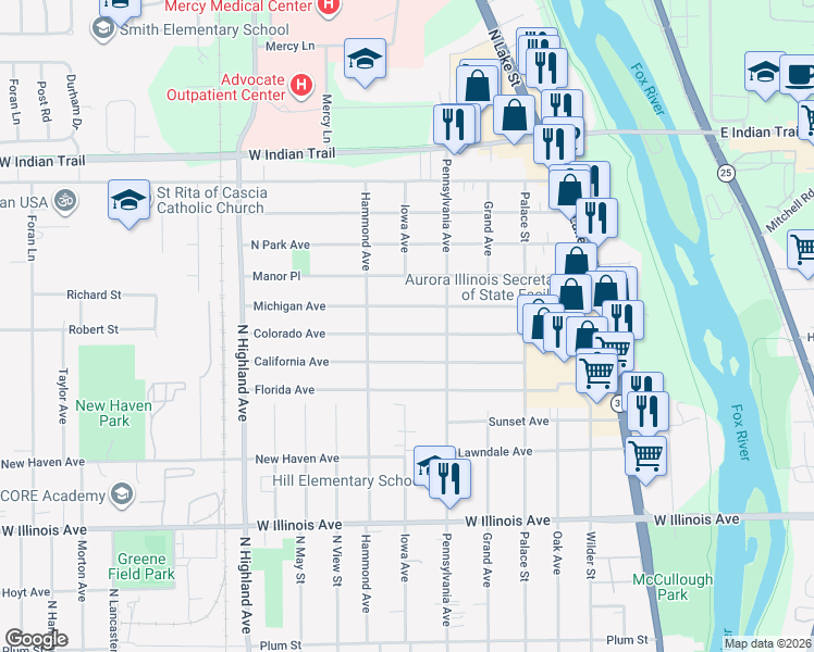 map of restaurants, bars, coffee shops, grocery stores, and more near 393 Colorado Avenue in Aurora