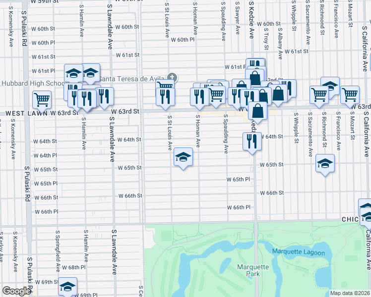 map of restaurants, bars, coffee shops, grocery stores, and more near 3424 West 64th Place in Chicago