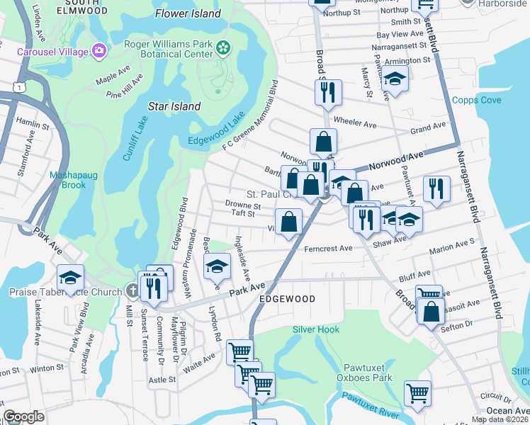 map of restaurants, bars, coffee shops, grocery stores, and more near 11 Taft Street in Cranston