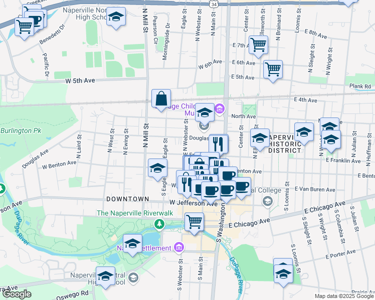 map of restaurants, bars, coffee shops, grocery stores, and more near 110 North Webster Street in Naperville