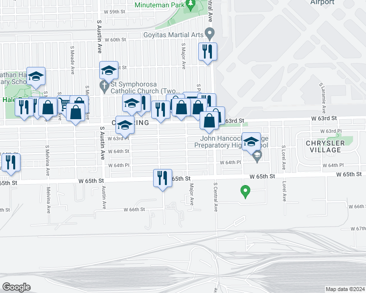 map of restaurants, bars, coffee shops, grocery stores, and more near 5704 West 64th Street in Chicago