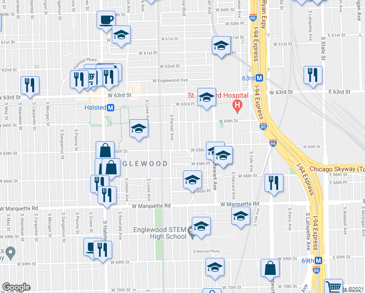 map of restaurants, bars, coffee shops, grocery stores, and more near 6454 South Normal Boulevard in Chicago