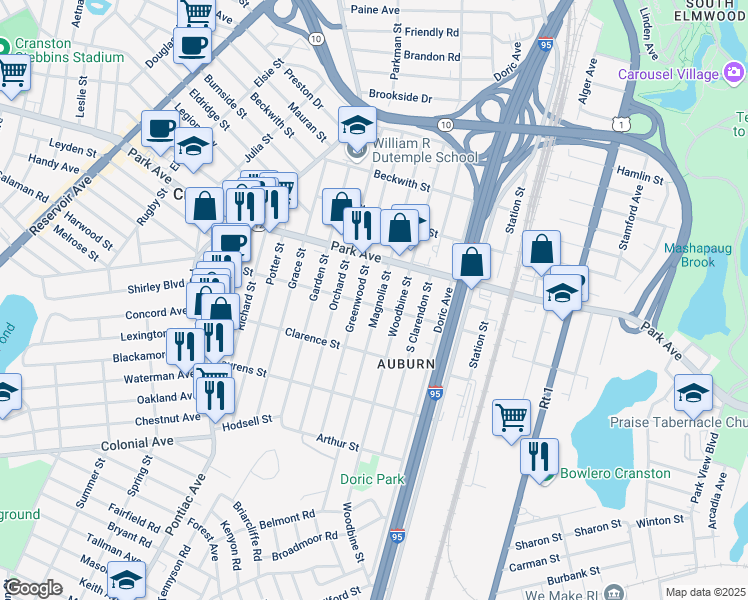 map of restaurants, bars, coffee shops, grocery stores, and more near 103 Auburn Street in Cranston