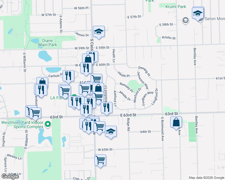 map of restaurants, bars, coffee shops, grocery stores, and more near 1020 Ashford Lane in Westmont