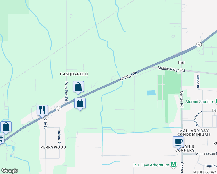 map of restaurants, bars, coffee shops, grocery stores, and more near 3564 North Ridge Road in Perry