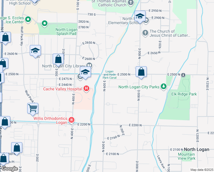 map of restaurants, bars, coffee shops, grocery stores, and more near 611 East 2450 North in North Logan