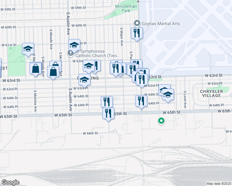 map of restaurants, bars, coffee shops, grocery stores, and more near 5722 West 64th Street in Chicago