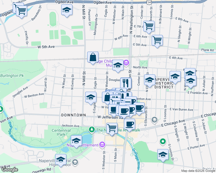 map of restaurants, bars, coffee shops, grocery stores, and more near 110 North Webster Street in Naperville