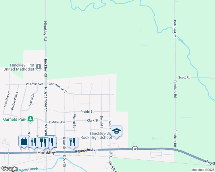 map of restaurants, bars, coffee shops, grocery stores, and more near 631 Rees Street in Hinckley