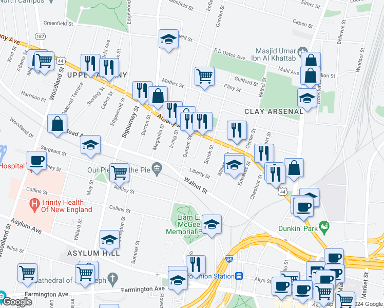 map of restaurants, bars, coffee shops, grocery stores, and more near 29 Bedford Street in Hartford