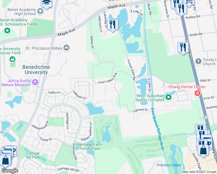 map of restaurants, bars, coffee shops, grocery stores, and more near 5934 Meadow Drive in Lisle