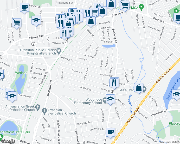 map of restaurants, bars, coffee shops, grocery stores, and more near 114 Hazelton Street in Cranston