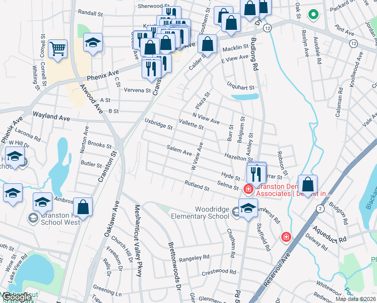 map of restaurants, bars, coffee shops, grocery stores, and more near 99 Salem Avenue in Cranston