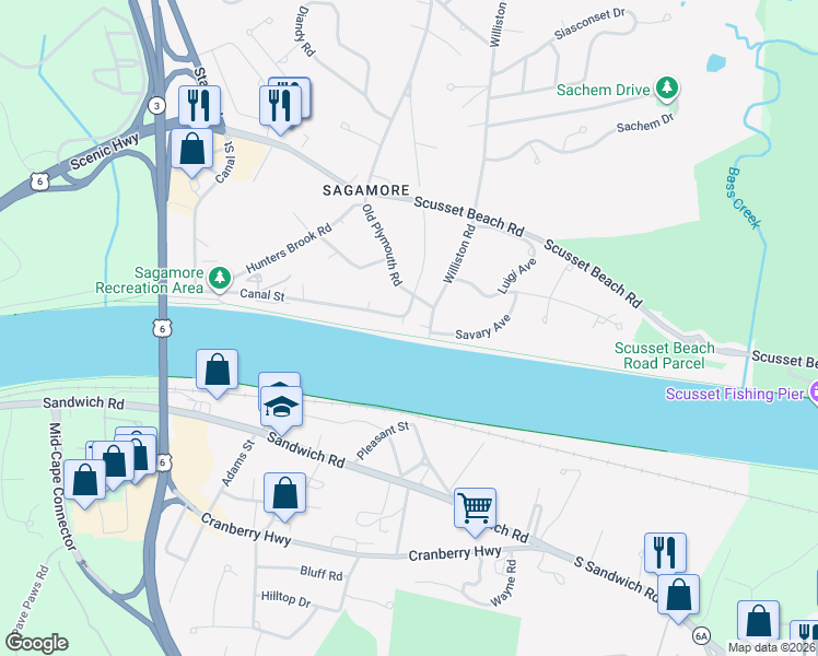 map of restaurants, bars, coffee shops, grocery stores, and more near 3 Old Plymouth Road in Bourne