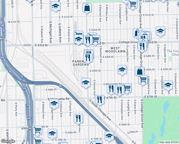 map of restaurants, bars, coffee shops, grocery stores, and more near 6501 South King Drive in Chicago