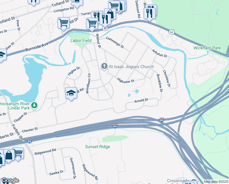 map of restaurants, bars, coffee shops, grocery stores, and more near 222 Woodlawn Circle in East Hartford