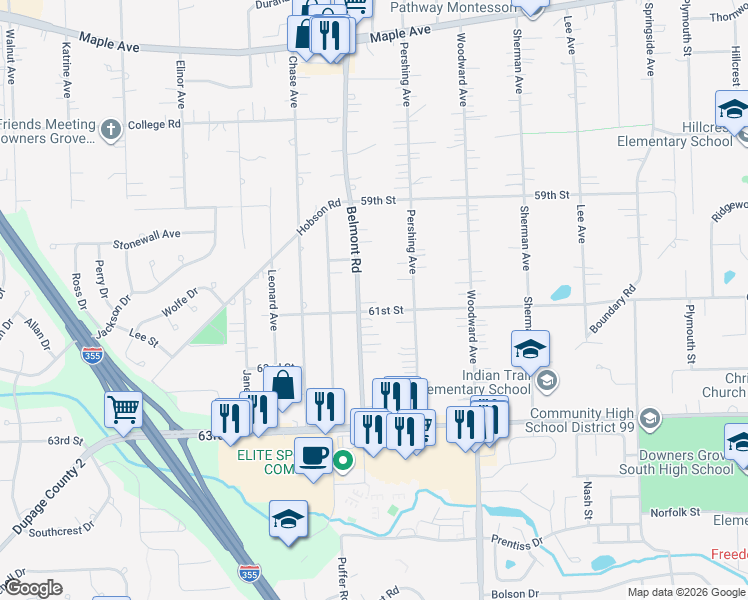 map of restaurants, bars, coffee shops, grocery stores, and more near 6025 Belmont Road in Downers Grove