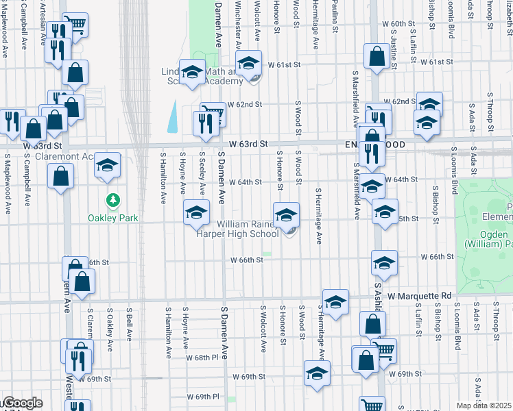 map of restaurants, bars, coffee shops, grocery stores, and more near 6434 South Wolcott Avenue in Chicago