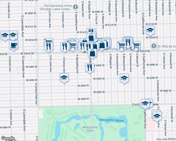 map of restaurants, bars, coffee shops, grocery stores, and more near 3208 West 64th Place in Chicago