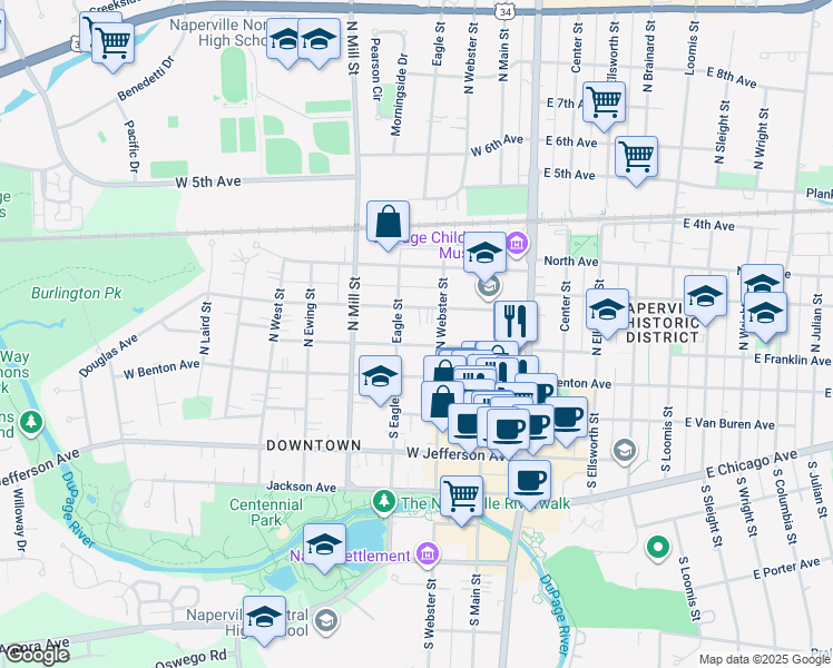 map of restaurants, bars, coffee shops, grocery stores, and more near 227 West Franklin Avenue in Naperville