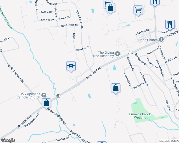 map of restaurants, bars, coffee shops, grocery stores, and more near 4 Alpine Estates Drive in Cranston