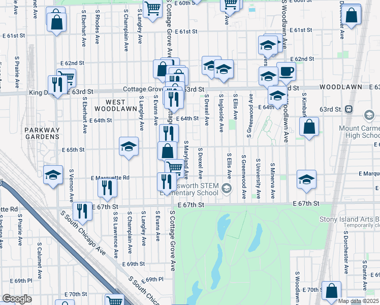 map of restaurants, bars, coffee shops, grocery stores, and more near 6509 South Maryland Avenue in Chicago