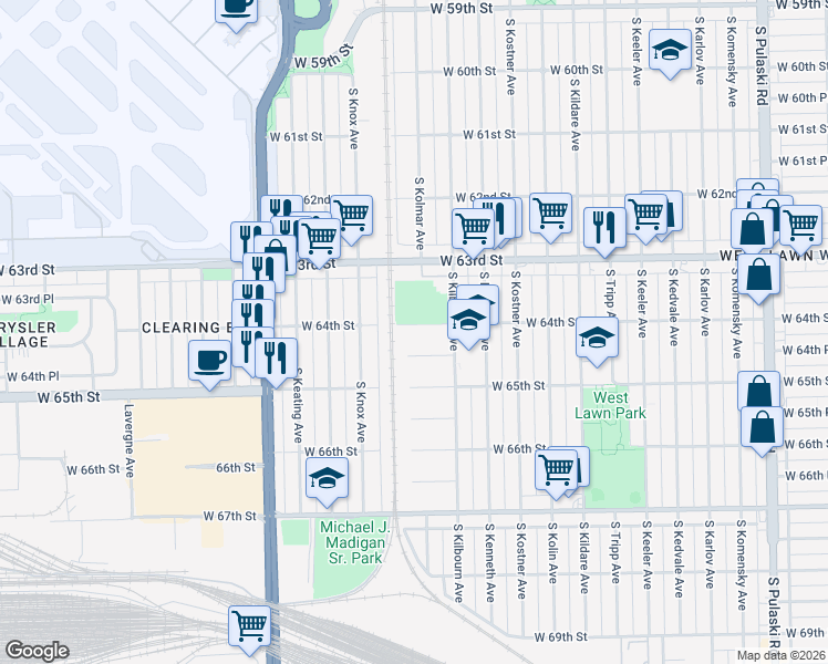 map of restaurants, bars, coffee shops, grocery stores, and more near 4539 West 64th Street in Chicago
