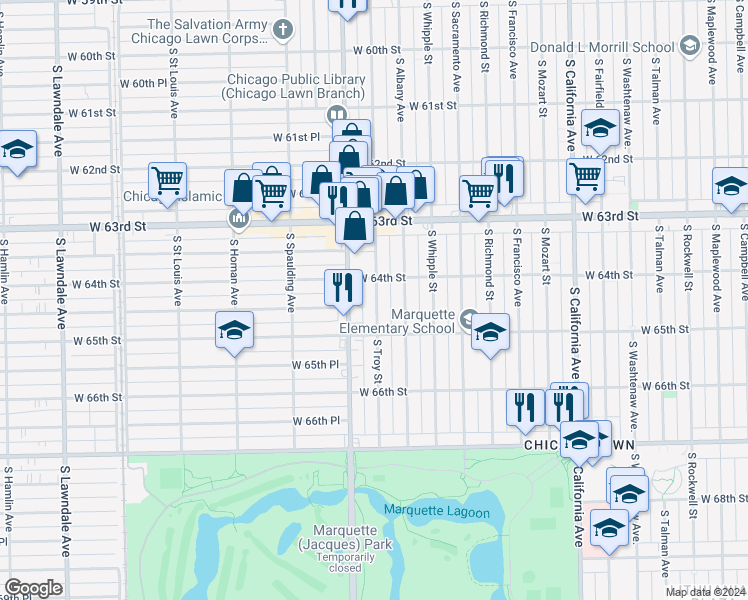 map of restaurants, bars, coffee shops, grocery stores, and more near 6418 S Troy St in Chicago