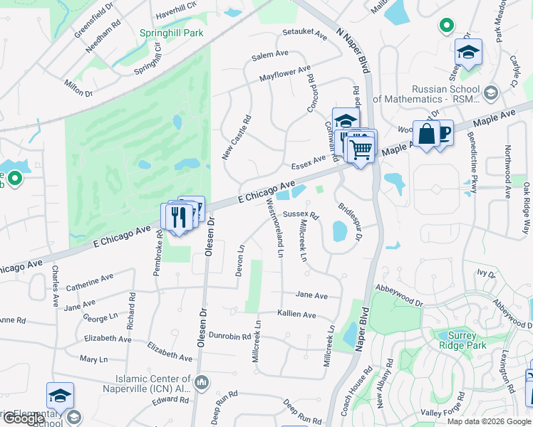 map of restaurants, bars, coffee shops, grocery stores, and more near 1361 Sussex Road in Naperville