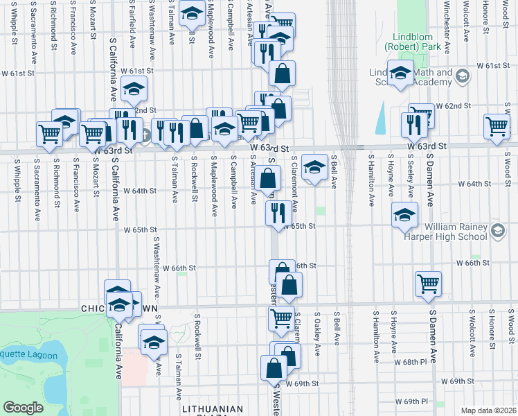 map of restaurants, bars, coffee shops, grocery stores, and more near 6434 South Western Avenue in Chicago