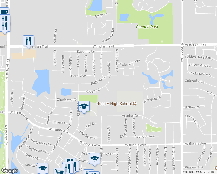 map of restaurants, bars, coffee shops, grocery stores, and more near 1864 Robert Court in Aurora