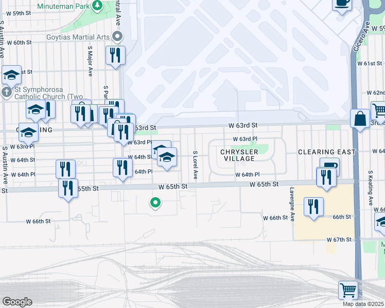 map of restaurants, bars, coffee shops, grocery stores, and more near 6356 South Lorel Avenue in Chicago